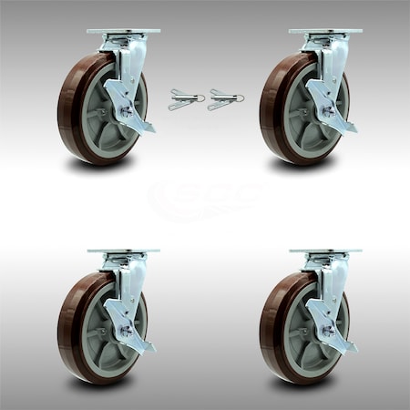 Service Caster 8 Inch SS Polyurethane Caster Set with Ball Bearings 4 Brake 2 Swivel Lock SCC SCC-SS30S820-PPUB-TLB-BSL-2-TLB-2